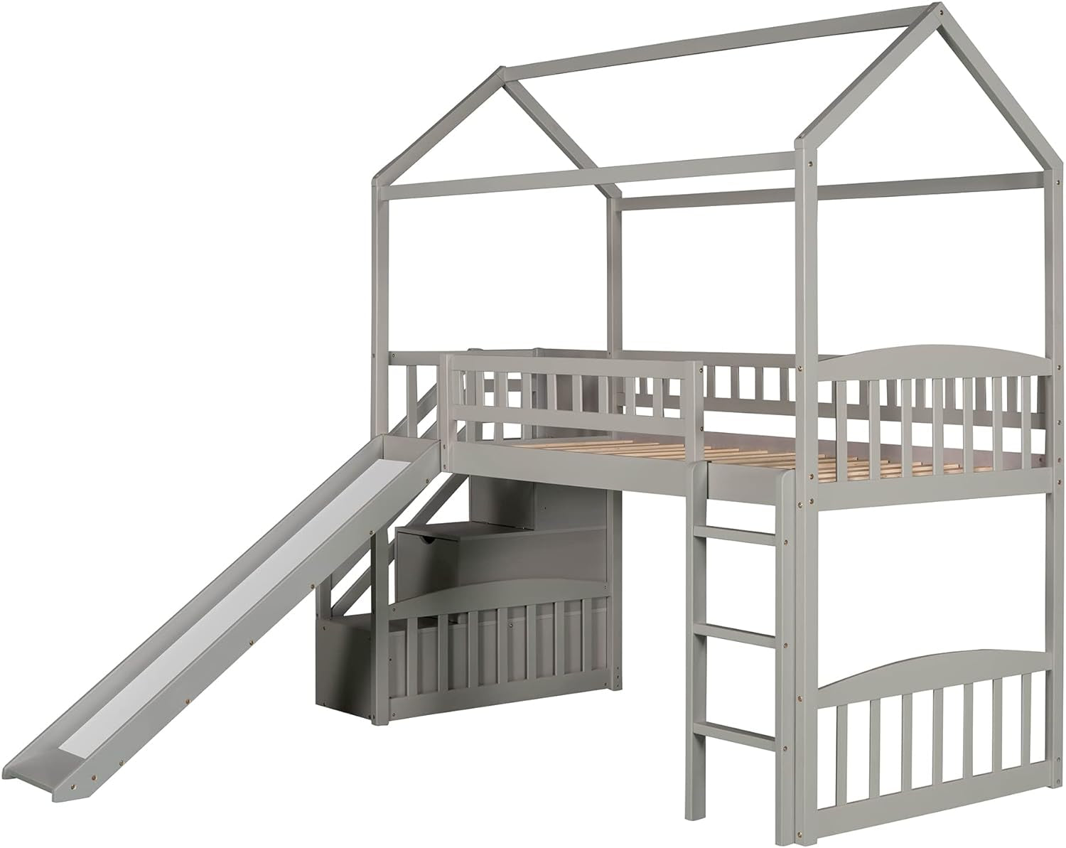 House Loft Bed with Slide and Storage Drawers 