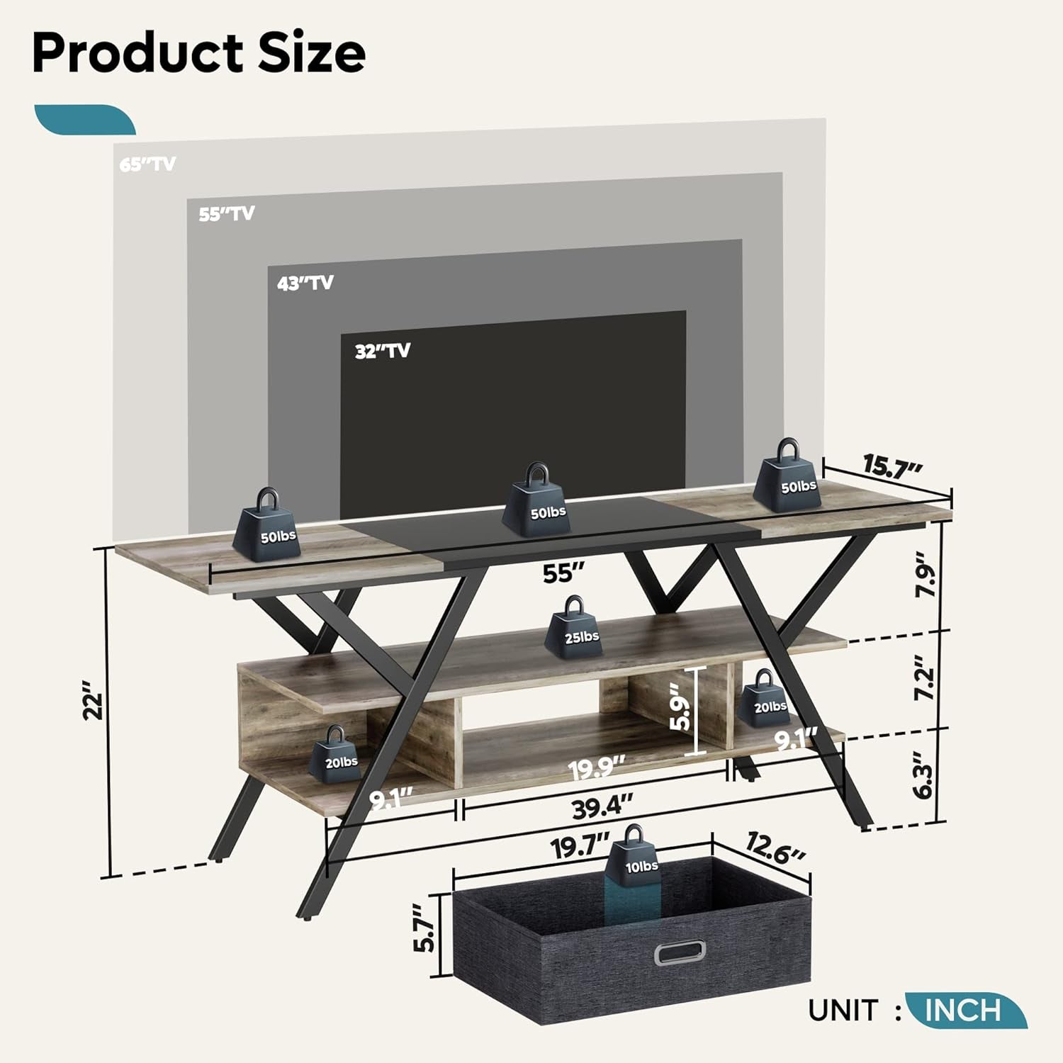 Entertainment Stand with LED Lights for 55/60/65 Inch TV