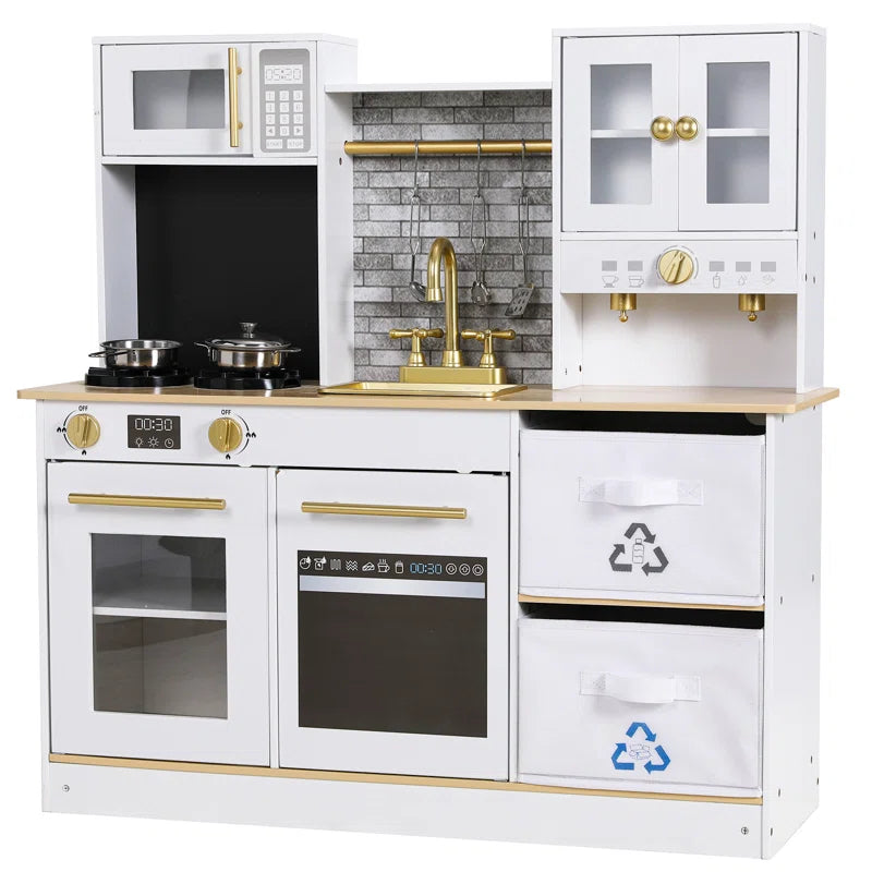 Kids Play Kitchen, Wooden Pretend Toy Kitchen, Toodler Cooking Playset, Stove W/Light & Sound, Sink, Microwave, 2 Fabric Boxs, Dishwasher