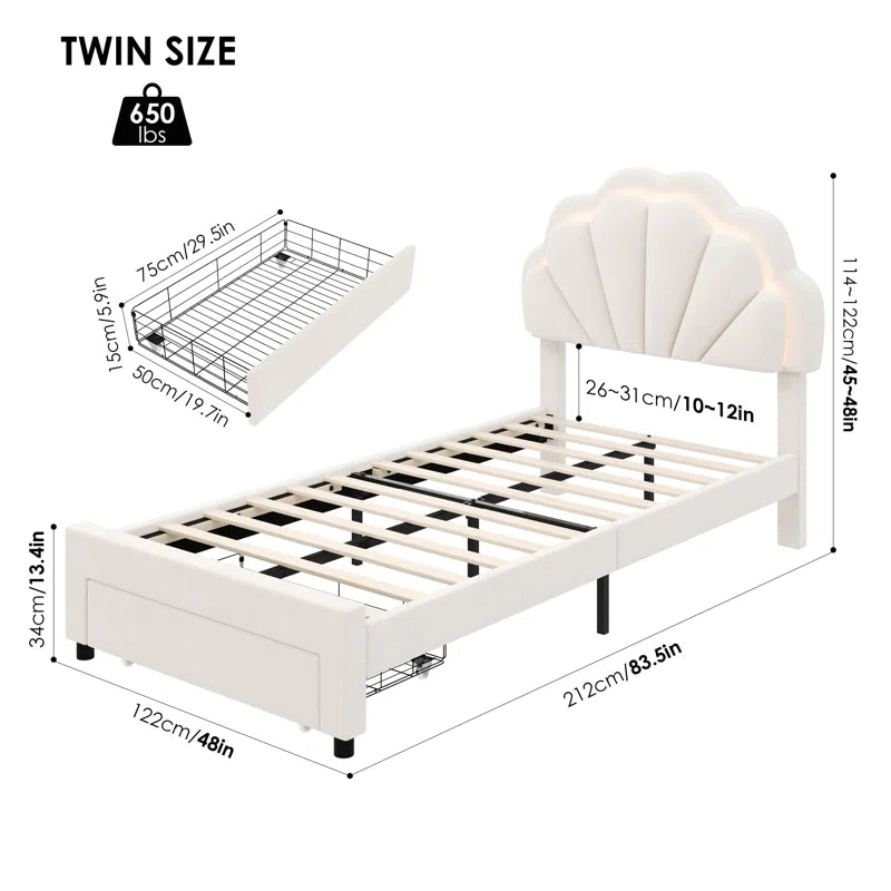 Burlyn Upholstered LED Bed Frame with Drawer & Adjustable Headboard, Kids Beds