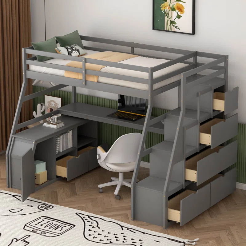 Clemton Twin Size Loft Bed with 7 Drawers 2 Shelves and Desk