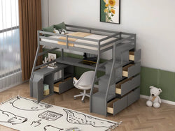 Clemton Twin Size Loft Bed with 7 Drawers 2 Shelves and Desk