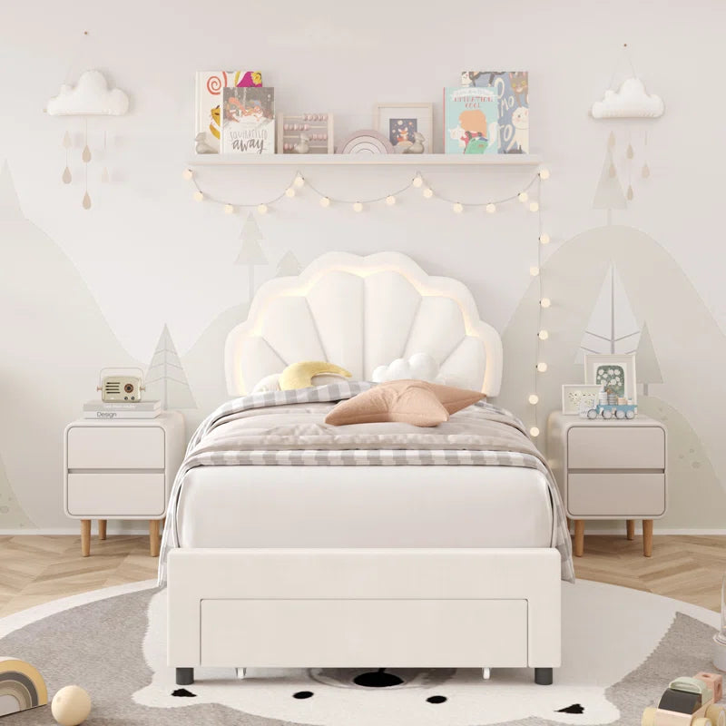 Burlyn Upholstered LED Bed Frame with Drawer & Adjustable Headboard, Kids Beds