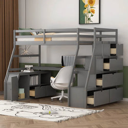 Clemton Twin Size Loft Bed with 7 Drawers 2 Shelves and Desk