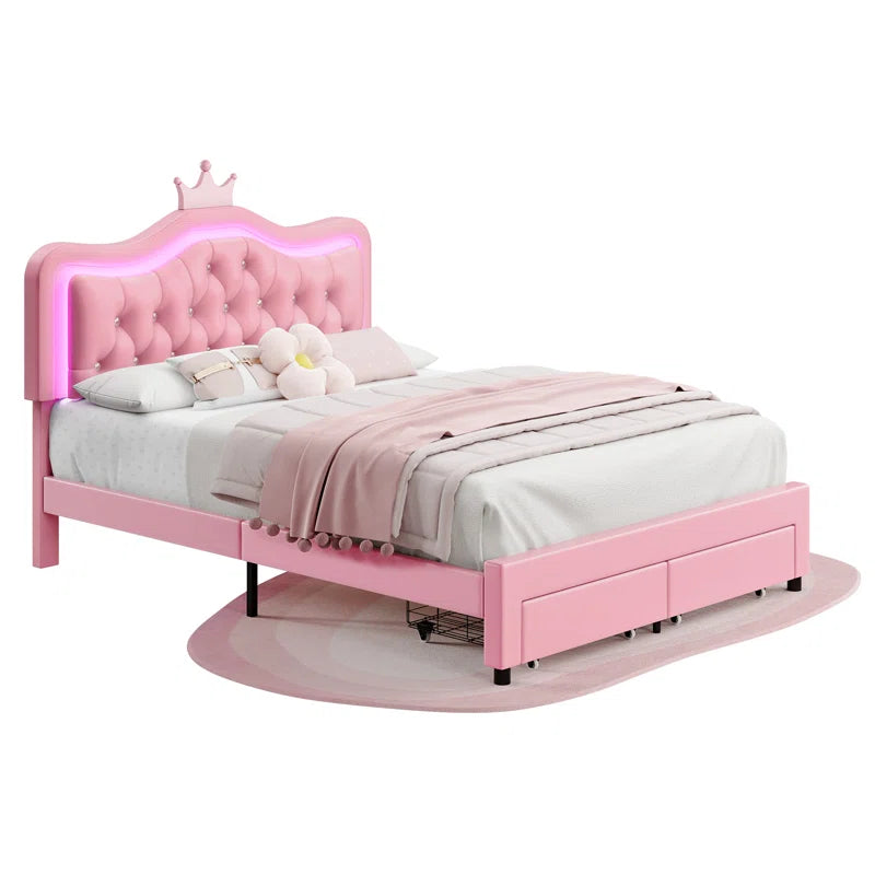 Largent Leather Upholstered Storage Bed with LED Lights and Crown Headboard, Kids Beds