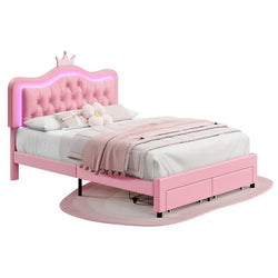 Largent Leather Upholstered Storage Bed with LED Lights and Crown Headboard, Kids Beds