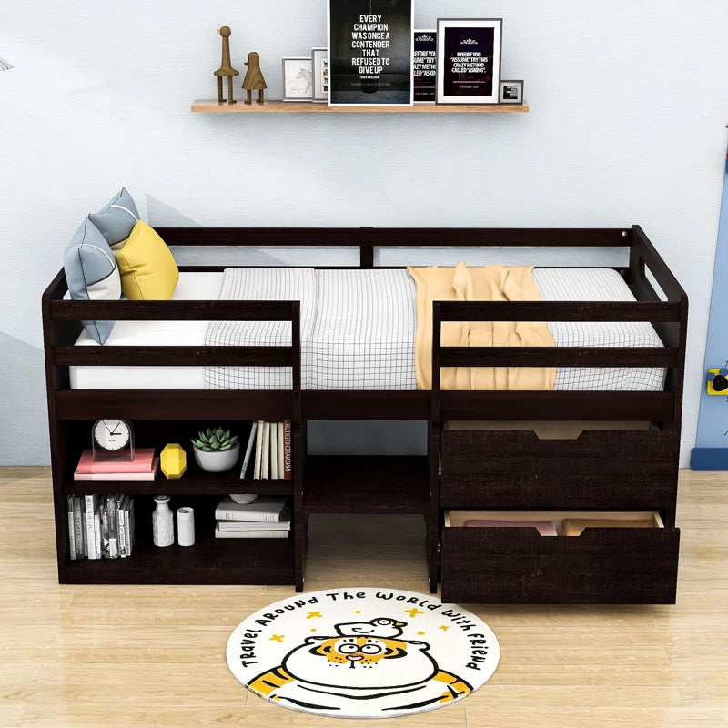 Harle Kids Twin 2 Drawers Wood Loft Bed with Shelves