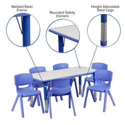 23.625"W X 47.25"L Rectangular Plastic Height Adjustable Activity Table Set with 6 Chairs