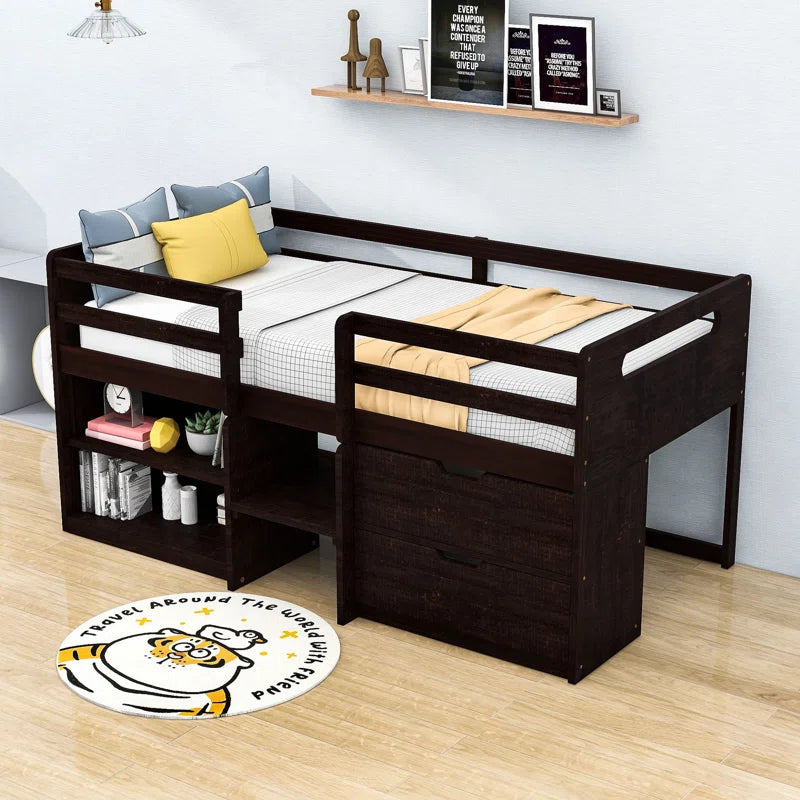 Harle Kids Twin 2 Drawers Wood Loft Bed with Shelves