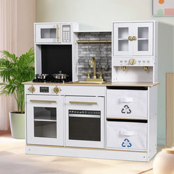 Kids Play Kitchen, Wooden Pretend Toy Kitchen, Toodler Cooking Playset, Stove W/Light & Sound, Sink, Microwave, 2 Fabric Boxs, Dishwasher