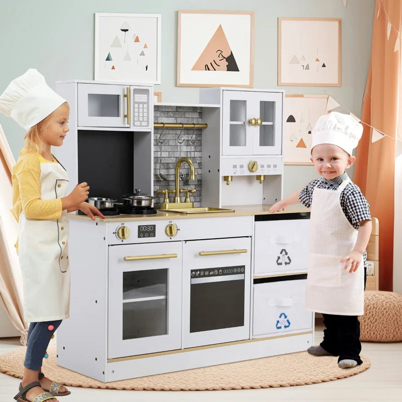 Kids Play Kitchen, Wooden Pretend Toy Kitchen, Toodler Cooking Playset, Stove W/Light & Sound, Sink, Microwave, 2 Fabric Boxs, Dishwasher