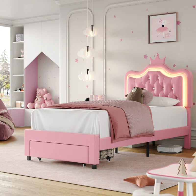 Largent Leather Upholstered Storage Bed with LED Lights and Crown Headboard, Kids Beds