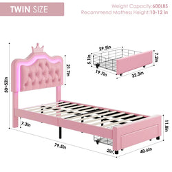 Largent Leather Upholstered Storage Bed with LED Lights and Crown Headboard, Kids Beds