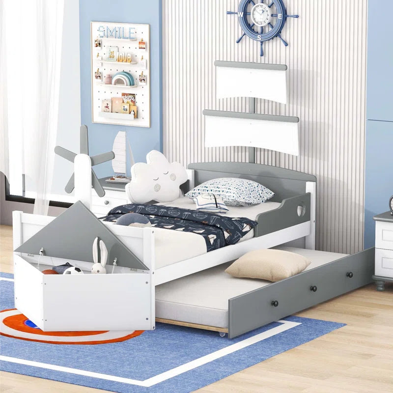 Aingeru Twin Size Boat-Shaped Platform Bed with Trundle and Storage for Bedroom