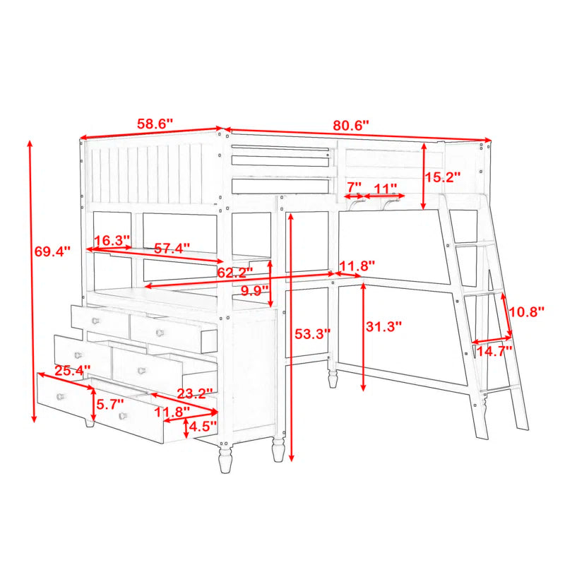 Habibullah Full 6 Drawer Loft Bed with Built-In-Desk by