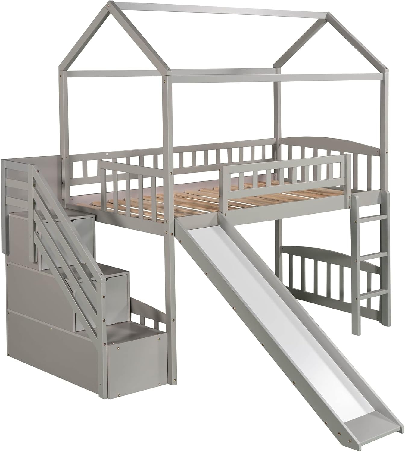 House Loft Bed with Slide and Storage Drawers 