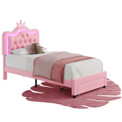 Largent Leather Upholstered Storage Bed with LED Lights and Crown Headboard, Kids Beds