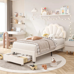 Burlyn Upholstered LED Bed Frame with Drawer & Adjustable Headboard, Kids Beds