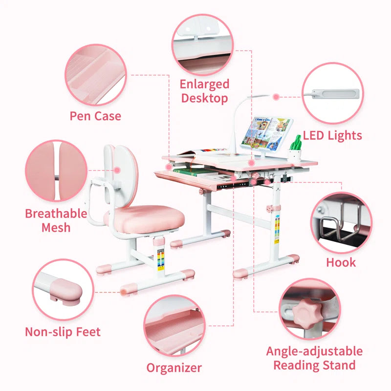 Aleasha Kids Desk and Chair Set, Height-Adjustable, with Led Lamps and 60° Tilting Tabletop