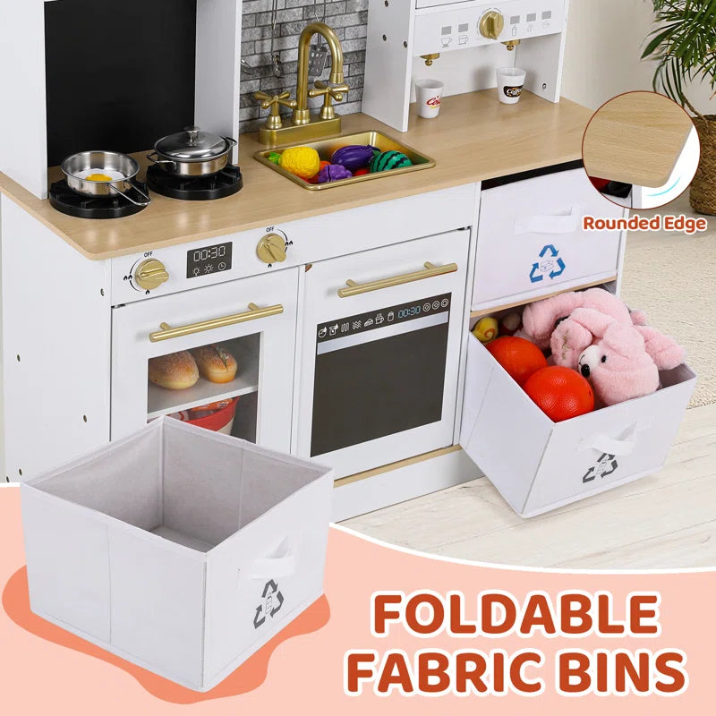 Kids Play Kitchen, Wooden Pretend Toy Kitchen, Toodler Cooking Playset, Stove W/Light & Sound, Sink, Microwave, 2 Fabric Boxs, Dishwasher