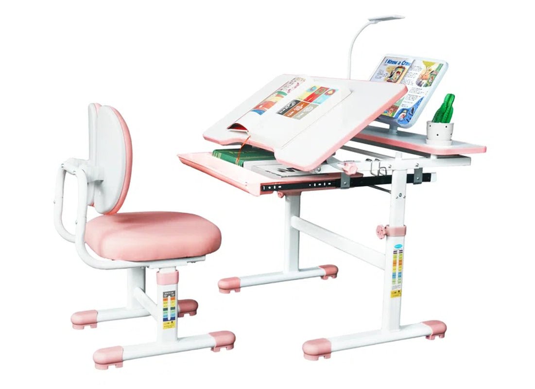 Aleasha Kids Desk and Chair Set, Height-Adjustable, with Led Lamps and 60° Tilting Tabletop