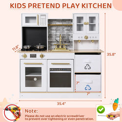 Kids Play Kitchen, Wooden Pretend Toy Kitchen, Toodler Cooking Playset, Stove W/Light & Sound, Sink, Microwave, 2 Fabric Boxs, Dishwasher