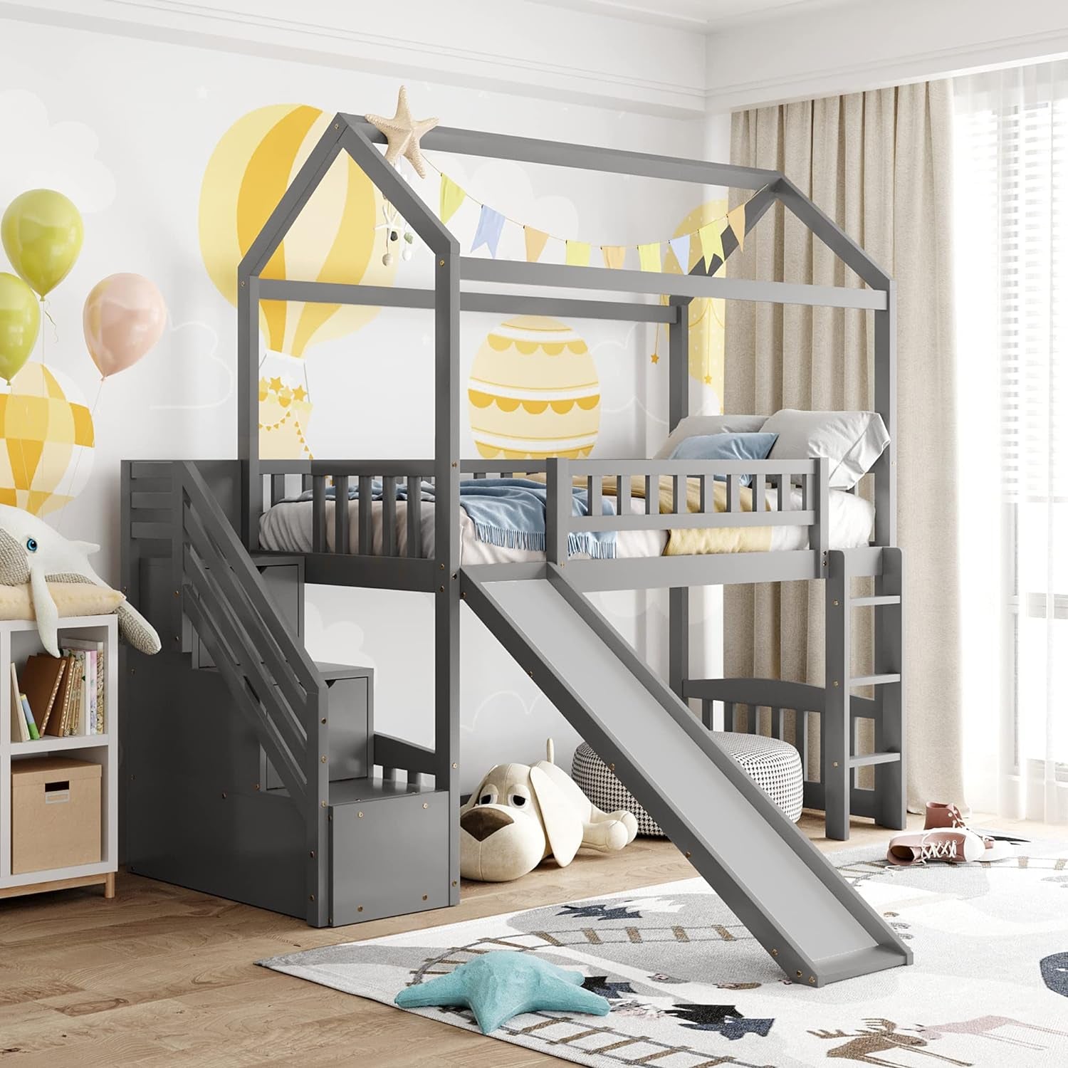 House Loft Bed with Slide and Storage Drawers 