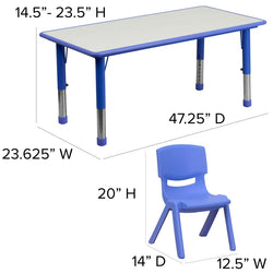 23.625"W X 47.25"L Rectangular Plastic Height Adjustable Activity Table Set with 6 Chairs