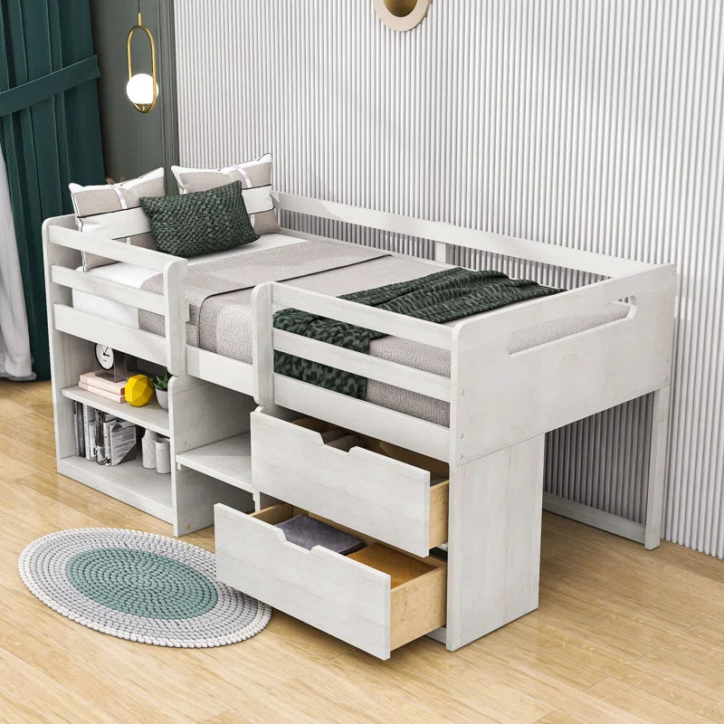 Harle Kids Twin 2 Drawers Wood Loft Bed with Shelves