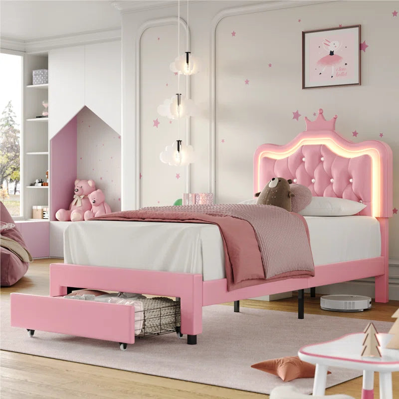 Largent Leather Upholstered Storage Bed with LED Lights and Crown Headboard, Kids Beds