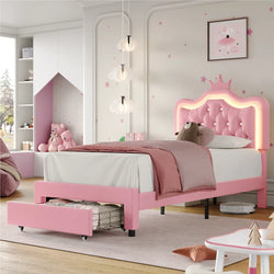 Largent Leather Upholstered Storage Bed with LED Lights and Crown Headboard, Kids Beds