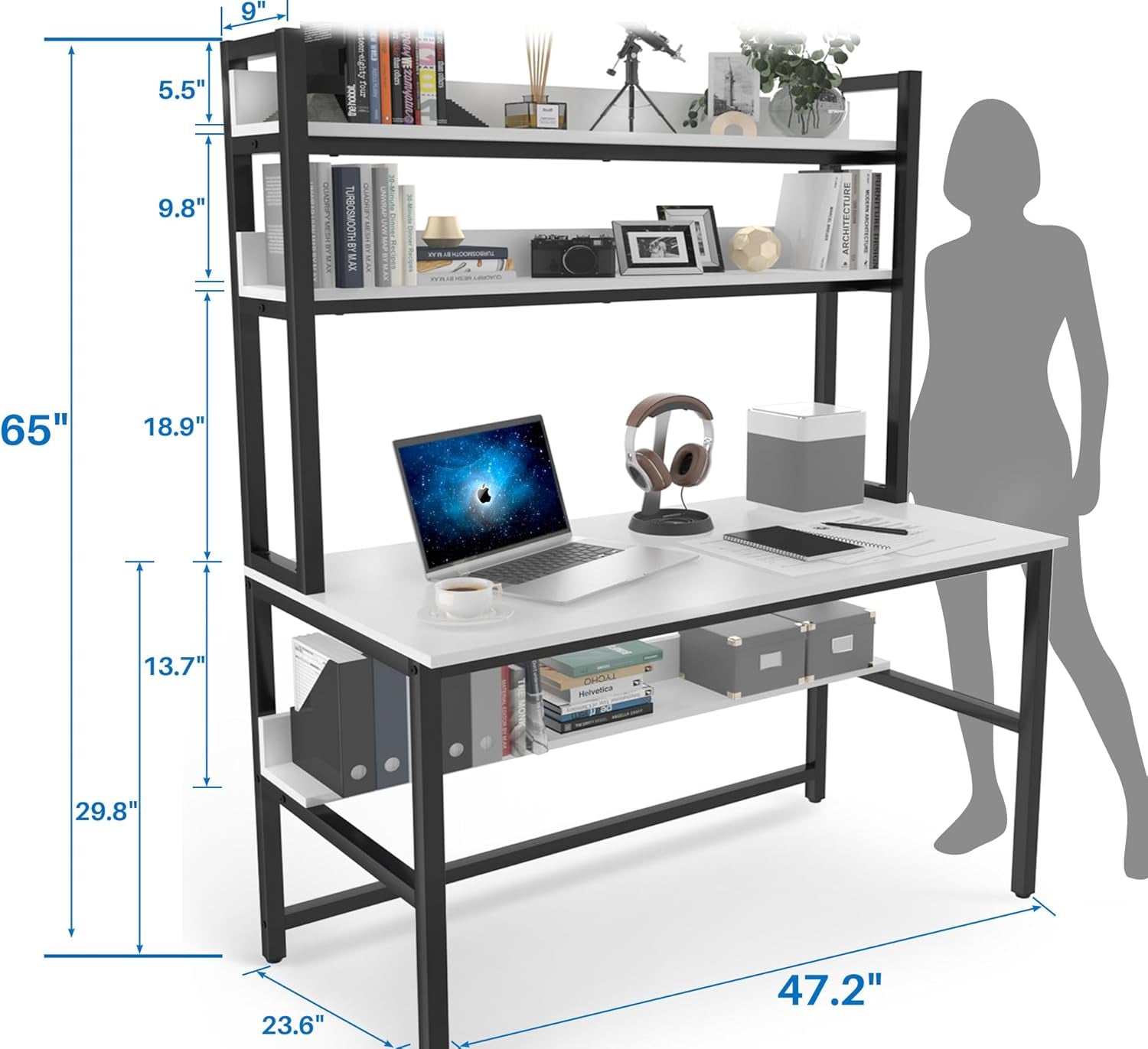 47" Gaming Desk with Hutch and Bookshelf