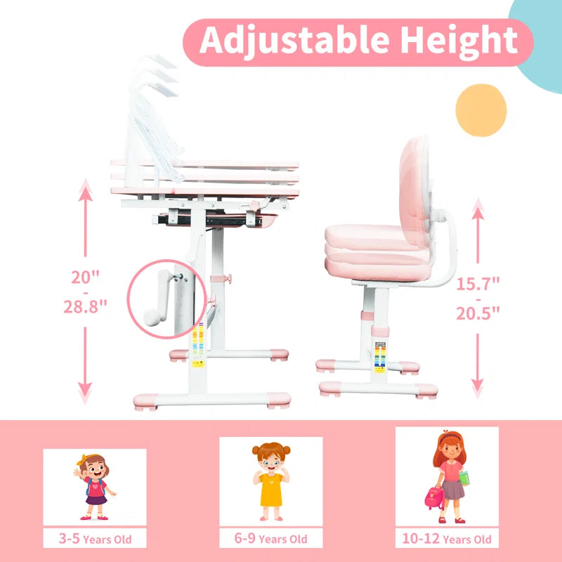 Aleasha Kids Desk and Chair Set, Height-Adjustable, with Led Lamps and 60° Tilting Tabletop