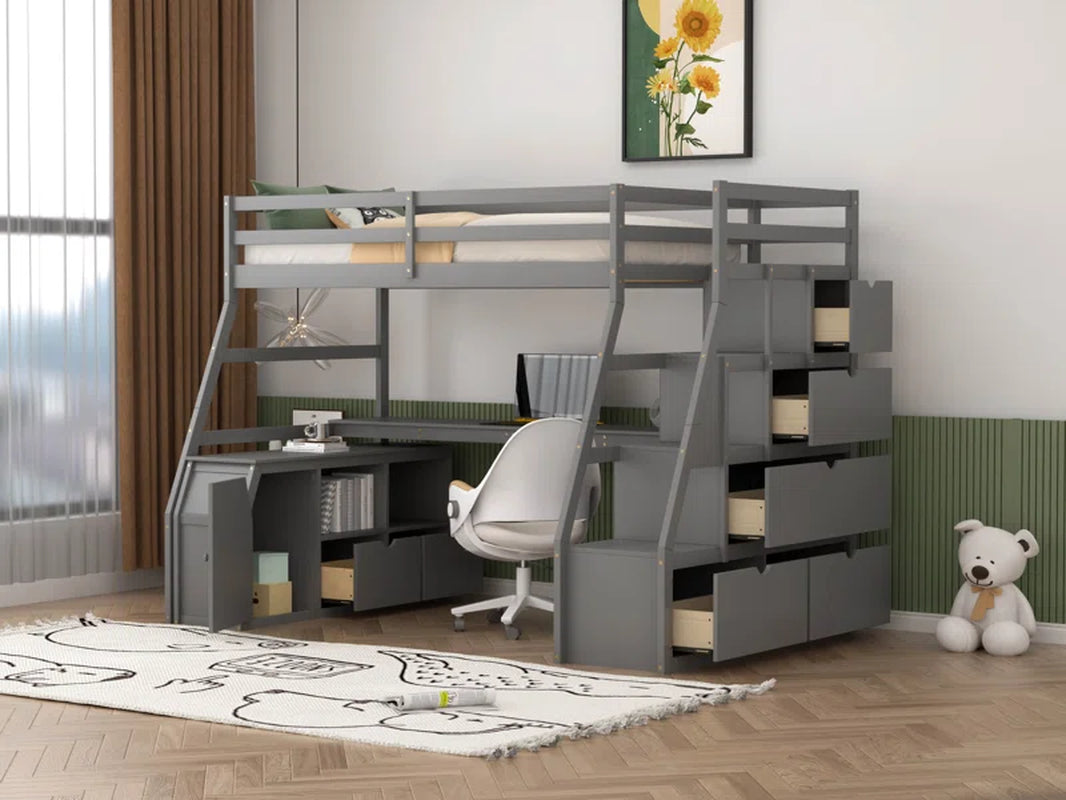 Clemton Twin Size Loft Bed with 7 Drawers 2 Shelves and Desk